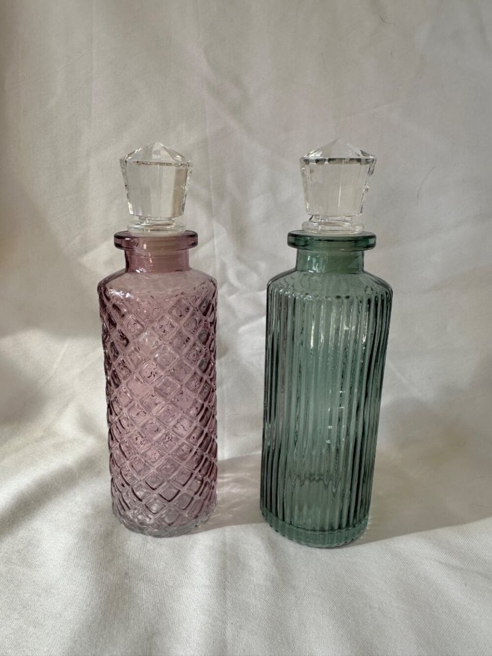 Vintage Inspired Colored Mini Glass Decanter Set | Pink & Green Glass Bottles